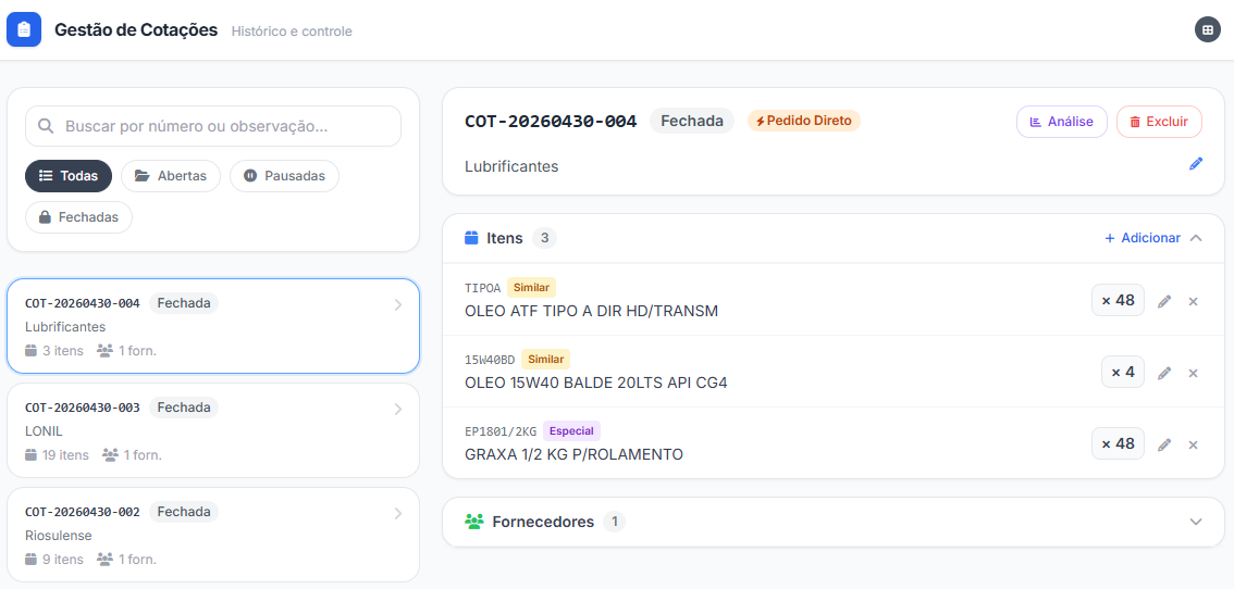 Gestão de cotações com status por fornecedor